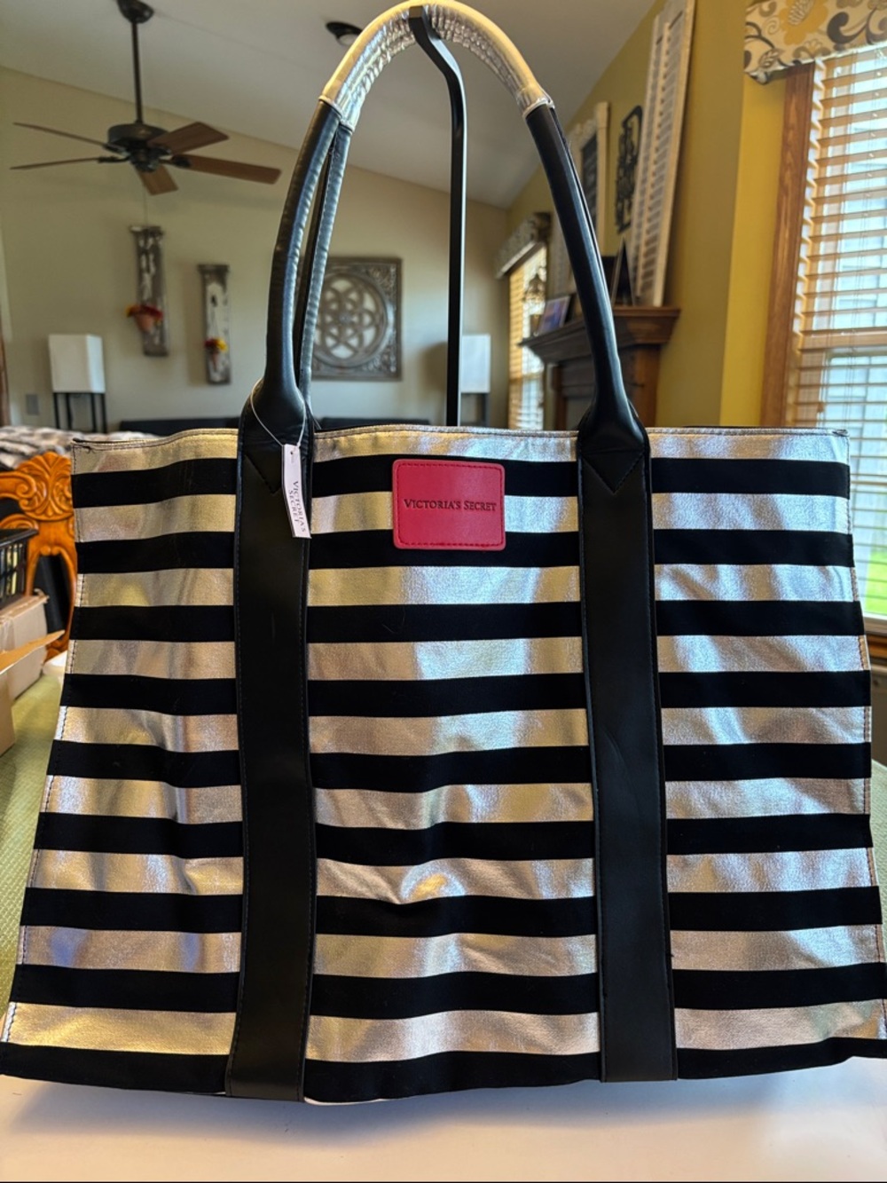 Victoria's Secret Black & Silver Striped Tote with Pink Logo Patch